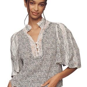 Anthropologie Floral Lace Trim Boho Blouse Romantic Peasant Top L